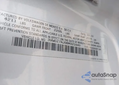 2011 Volkswagen Jetta 2.5L Se from USA, damaged, VIN 3VWDZ7AJ0BM321640